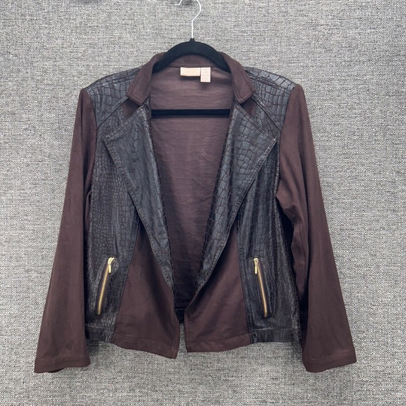 Chicos Womens Suede Jacket Size M Brown Faux Moto Edgy Biker Jacket Open Front B - Picture 1 of 13
